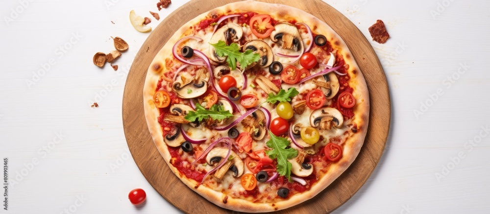Aufkleber Top view of a mouthwatering pizza loaded with fresh vegetables resting on a wooden table against a pristine white backdrop with ample copy space for creative use in images