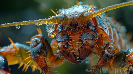 The closeup of a centipedes head reveals its many pairs of sharp mandibles and sensory appendages, high resolution DSLR