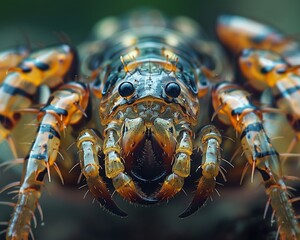 The closeup of a centipedes head reveals its many pairs of sharp mandibles and sensory appendages, high resolution DSLR