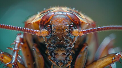The closeup of a cockroachs head showcases its glossy exoskeleton and sensitive antennae, high resolution DSLR