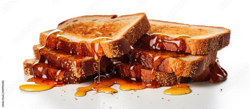Poster Isolated on a white background a close up top view stack of moldy slices of organic sprouted honey wheat bread with flaxseed represents the concept of expired and unhealthy food The image includes a