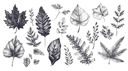 A collection of hand drawn leaves and plants