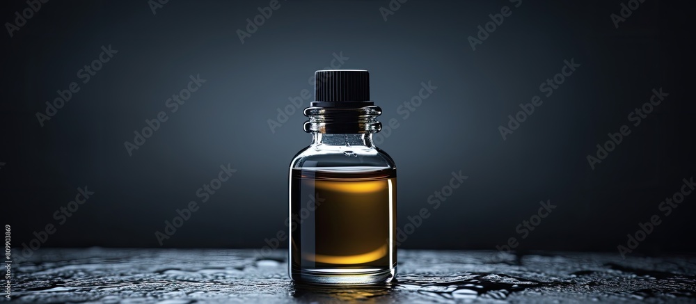 Poster a dark grey background with a drop of essential oil providing ample copy space for images
