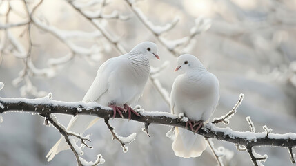 Couple white doves on a branch at winter