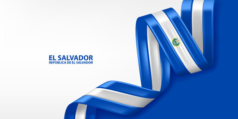 El Salvador 3D ribbon flag. Bent waving 3D flag in colors of the El Salvador national flag. National flag background design.
