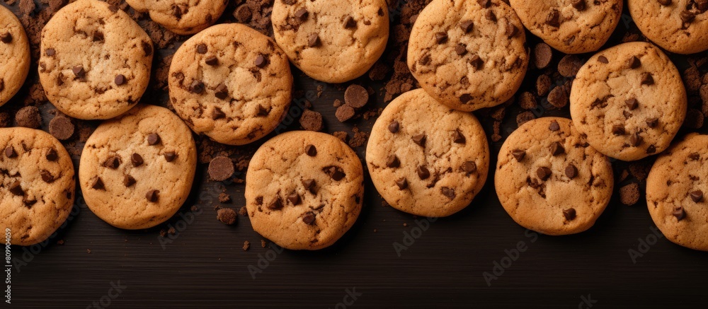 Poster A top view of brown chocolate chip cookies used as a textured background for a copy space image