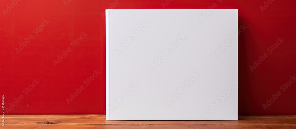 Poster a blank clean white book placed on a vibrant red wooden background providing ample copy space for an