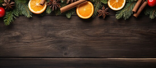 A rustic wooden background showcases a festive arrangement of Christmas tree branches adorned with paper dried oranges and anise creating a captivating copy space image