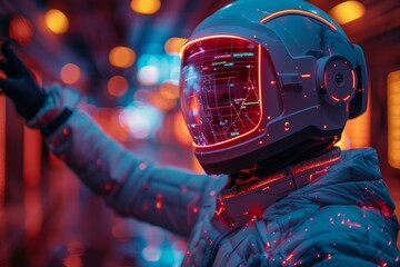 A vivid portrayal of an astronaut in a space suit with an illuminated helmet HUD, in a colorful sci-fi environment