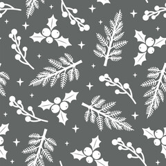 Trendy Christmas seamless pattern. New Year print with white Christmas tree branches, mistletoe and berries on dark grey background. Shiny winter texture for decor, fabric design, wrapping.