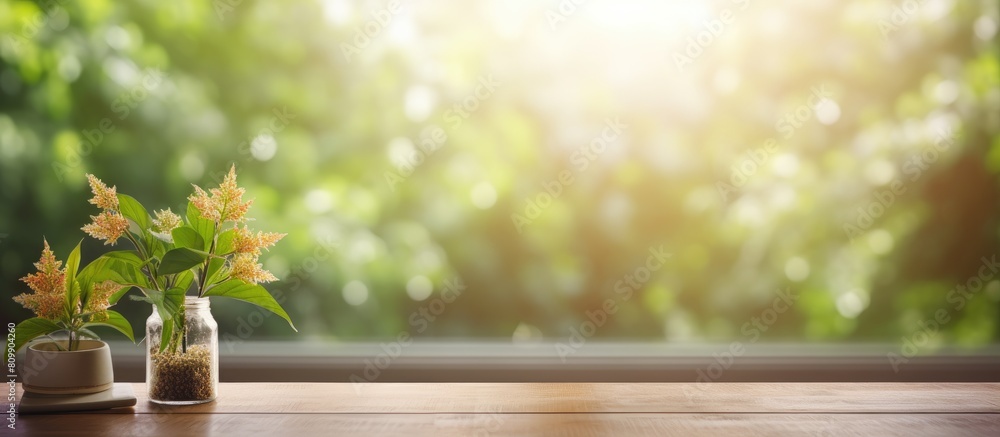 Leinwandbilder the table has a free space background and a blurred window in the background providing a decorative 