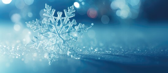 A snowflake with a serene blue bokeh background providing ample copy space for text or images