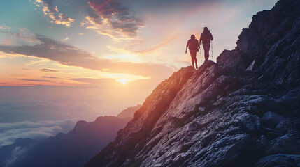 Fototapeta premium Silhouette of couple standing on top of mountain and looking at sunrise
