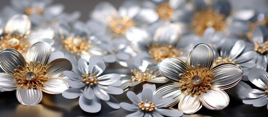 A stylish bouquet of metal flowers with a metallic steel or golden color creating an everlasting beauty This close up copy space image captures the fashion and beauty of these beautiful silver flower