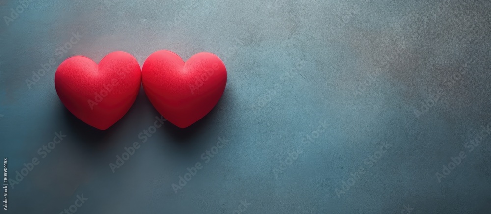 Poster Two red heart shaped objects placed on a textured surface with empty space around suitable for adding any desired image or text. Creative banner. Copyspace image