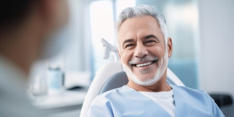 The snow-white smile of a middle-aged man in the dentist’s office. Generative AI.