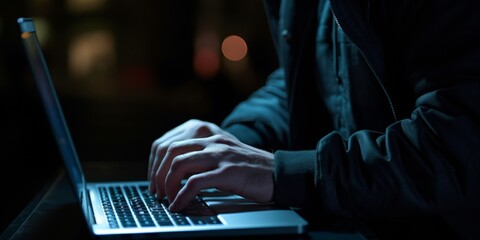 Hands of hacker coding computer virus on laptop, symbolizing cybersecurity and data protection....