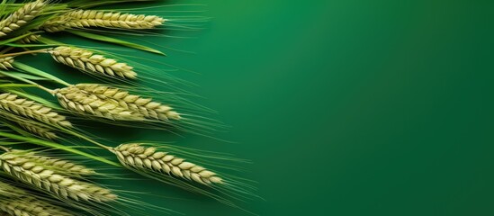 A top down view of a vibrant green background with a bunch of wheat stems and ears representing the autumn harvest of grain crops This copy space image showcases the creative crop concept