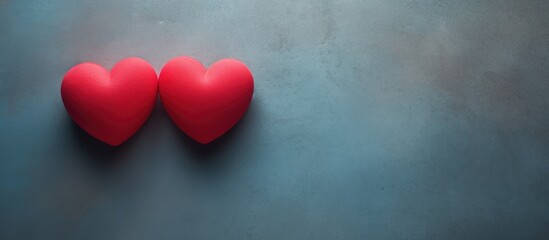 Two red heart shaped objects placed on a textured surface with empty space around suitable for adding any desired image or text. Creative banner. Copyspace image