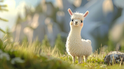 A cute white lama on the grass