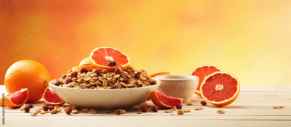 Poster a portion of organic granola is displayed with vibrant red oranges in the copy space image