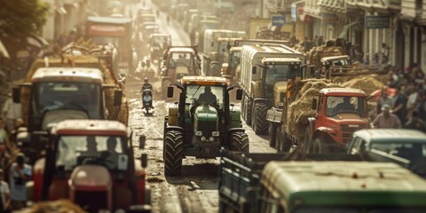 Farmers blocked traffic with tractors during a protest. Generative AI.
