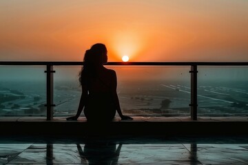 Fototapeta premium Woman Sitting on Balcony Watching Sunset