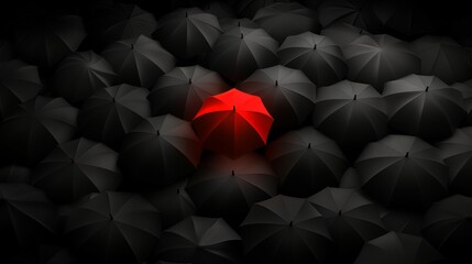 Red umbrella truly stands out in dark crowd, high angle view emphasizing uniqueness in rainy weather