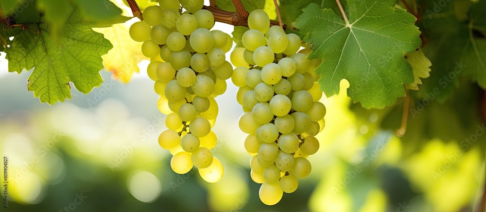 Poster A cluster of white wine grapes dangle from a vine offering a close up view with ample copy space for customization
