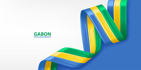 Gabon 3D ribbon flag. Bent waving 3D flag in colors of the Gabon national flag. National flag background design.