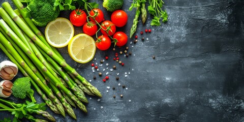 Healthy balanced food top view. Organically fresh fruits and vegetables on the table. Generative AI.
