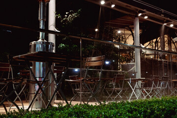 tables and chairs in closed restaurant at night