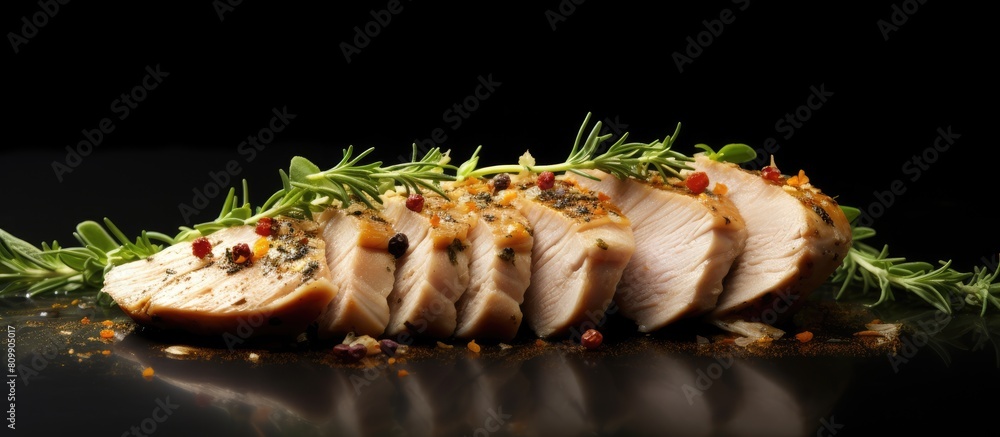 Poster A light and nutritious option for a low calorie diet this thinly sliced chicken breast is seasoned with cooking spices It is presented on a gray background providing copy space for additional element