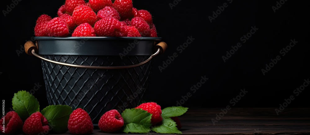 Poster A beautiful still life of an organic red raspberry placed in a decorative bucket with a dark background providing a copy space image