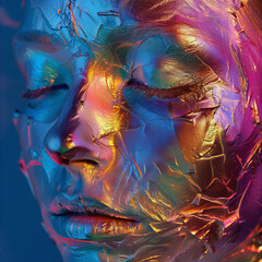 Close-up portrait of a woman with colorful metallic paint on her face