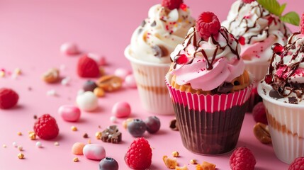 A row of cupcakes with whipped cream and raspberries on top. The cupcakes are arranged on a pink...
