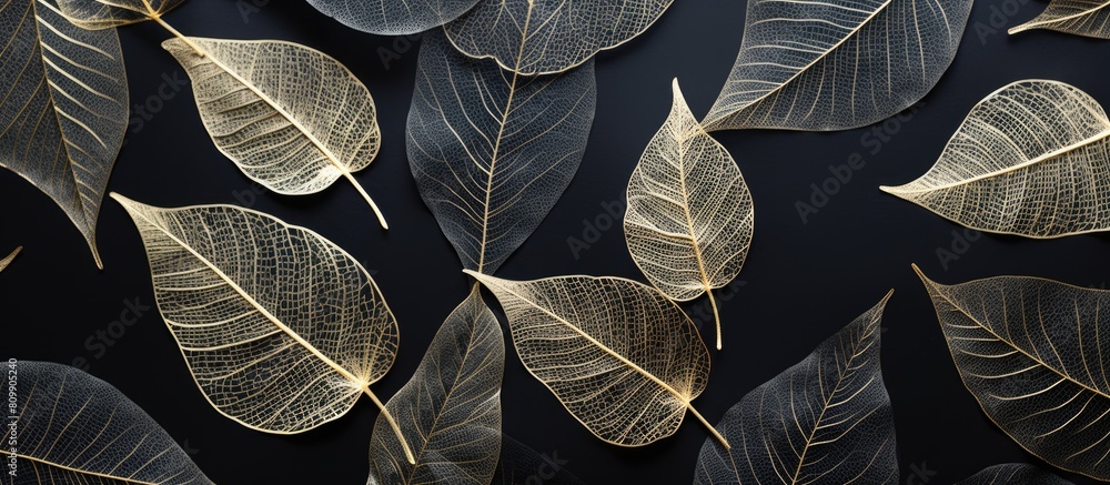 Poster Flat lay of elegant decorative skeleton leaves on a black background with room for text creating a visually stunning and versatile copy space image