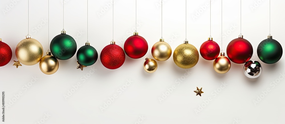 Poster A festive scene with Christmas balls creatively arranged against a white background leaving empty space for additional images or text