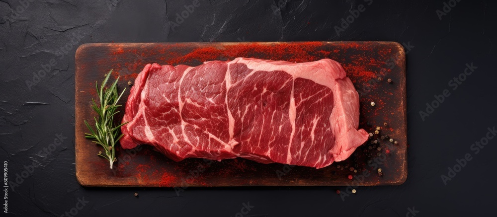 Poster A raw steak of cap rump beef placed on a butcher board with a black background Seen from above there is ample space for adding text or graphics