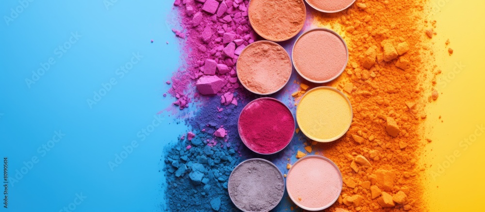 Poster colorful eye shadows arranged in a flat lay composition on a vibrant background providing ample copy