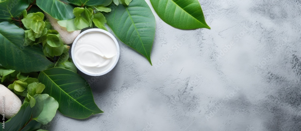 Poster a copy space image of organic cosmetics featuring green leaves against a cement background arranged 