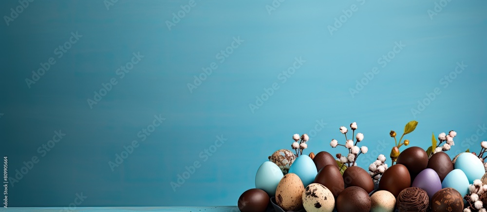 Leinwandbilder copy space image of an easter themed arrangement featuring chocolate eggs against a blue backdrop pr