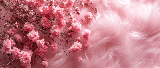 Pink fluffy fur wool texture with flowers. Top view, flat lay. Generative AI.