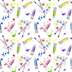 Seamless pattern art supplies colored paint palette paintbrushes tubes cuvettes tempera, gouache. Ink splatters drop spots. Hand drawn watercolor illustration isolated background. For textile, print
