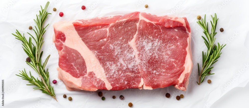 Poster top view copy space image of raw fresh pork seasoned with rosemary placed on wax paper set against a