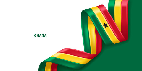 Ghana 3D ribbon flag. Bent waving 3D flag in colors of the Ghana national flag. National flag background design.