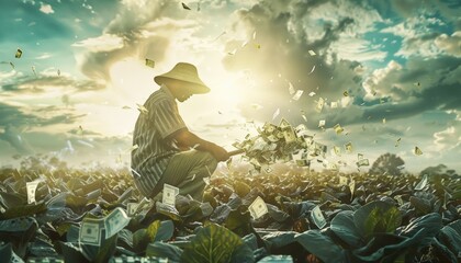 Conceptual image of a farmer harvesting crops of banknotes and coins, a metaphor for profitable investments