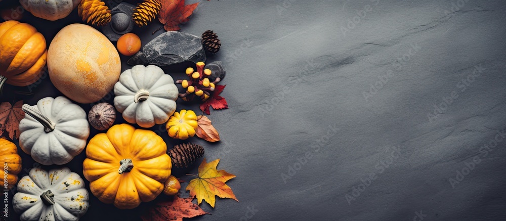 Poster a retro toned scene with a harvest of pumpkins colorful fall leaves and gray stone with copy space i