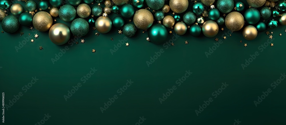 Poster A festive Christmas background with shiny balls on a green backdrop perfect for flat lay and top view photography Plenty of copy space available