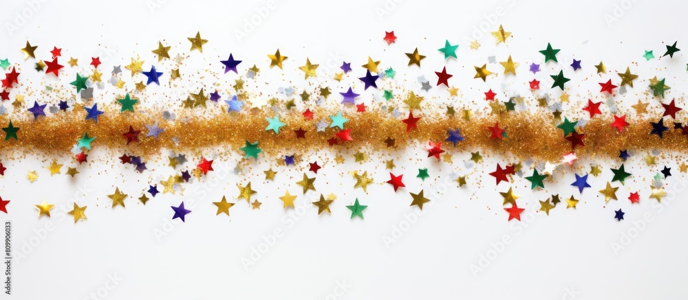 Poster A festive display of tinsel on a crisp white surface is pictured from a bird s eye view This copy space image captures the essence of the Christmas and New Year celebrations with room available for a